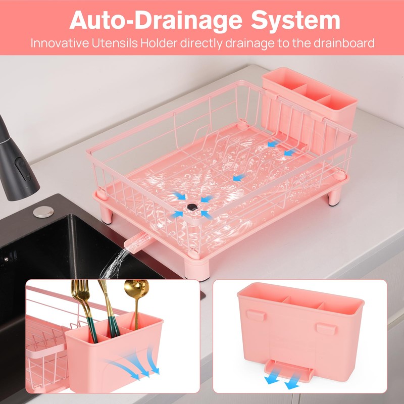 YOFUGA Cute Pink Dish Drying Rack with Drainboard,Dish Racks for