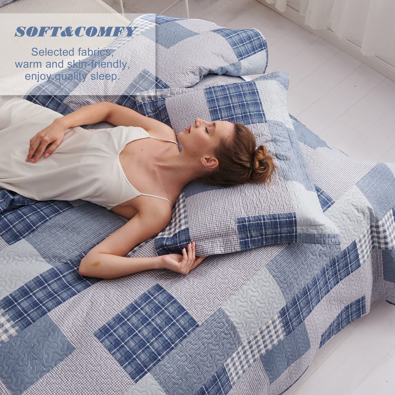 Bedspread Set Queen/Full Size Plaid Quilt Bedding Queen Grey Blue