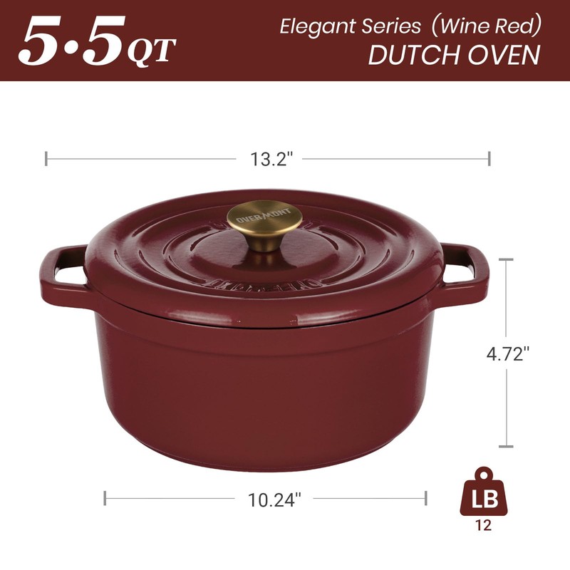 Overmont Enameled Cast Iron Dutch Oven - 5QT Pot with