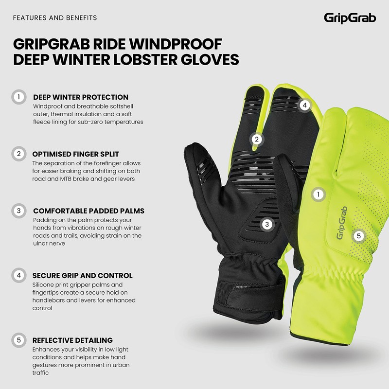 GripGrab RIDE Windproof Deep Winter Lobster 3-Finger Cycling Gloves Thermal
