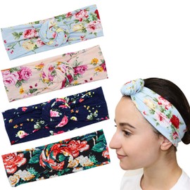 FROG SAC 4 Floral Headbands for Girls, Stretch Flower Headwraps for Teens, Soft Rose Bun Headband for Women, Cute Comfortable Fashion Head Bands