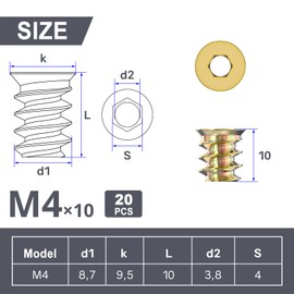 Wavanta 20Pcs Threaded Inserts Nuts, M4 x 10mm Threaded Inserts for Wood, Hex Socket Drive Screw Insert for Wood Furniture, Cabinet