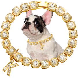 Gold Dog Chain Diamond Cuban Collar with K Letter Tag Walking Metal Chains Collars Secure Buckle,Pet Cuban Link Jewelry Accessories for Small Medium Dogs Cats(12")