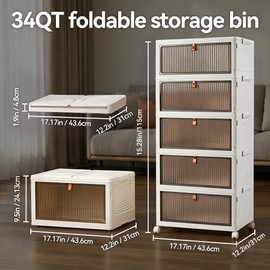 170 Qt Large Storage Bins with Lids, 5 Tier Stackable Storage Cabinet with Wheels & Clear Doors, Foldable Plastic Closet Organizer for Bedroom, Bathroom & Kitchen
