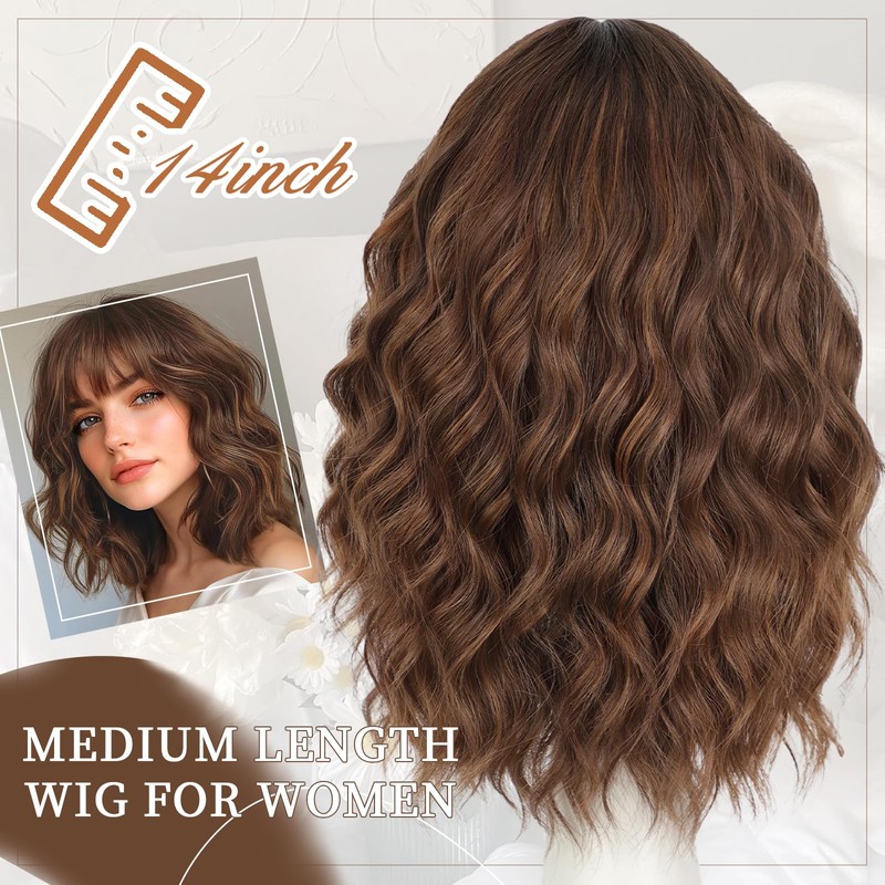 Lativ Brown Highlight Wigs for Women Short Wavy Curly Bob