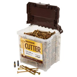 Reisser 8221590PB Cutter Pozi Countersunk Yellow Coated Woodscrew 300-Pieces with 2 PZ2 Bits, 5 mm Diameter x 90 mm Length