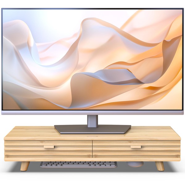 WELL WENG Bamboo Monitor Stand with Drawer - Desk Organizer