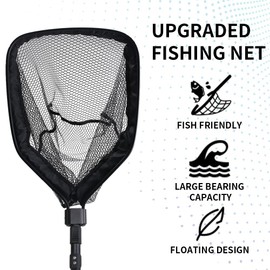 Yeahmart Floating Fishing Landing Net with Telescoping Pole Handle, Foldable Fishing net Freshwater Rubber Coated Landing Net for Men Women, Extend to 32 Inches, Safe Fish Catching or Releasing