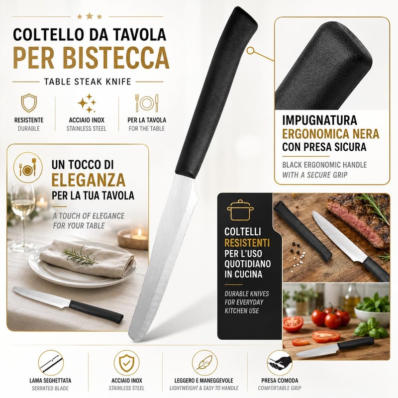 IPEA Coltelli da Tavola per Bistecca e Carne punta Tonda-
