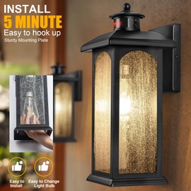Large Motion Sensor Outdoor Light Fixture-3 Mode Motion Detection Porch Light with E26 Sockets, 16 Inch Black Outdoor Wall Light Mounted, Waterproof Dusk to Dawn Exterior Light Fixture for Garage