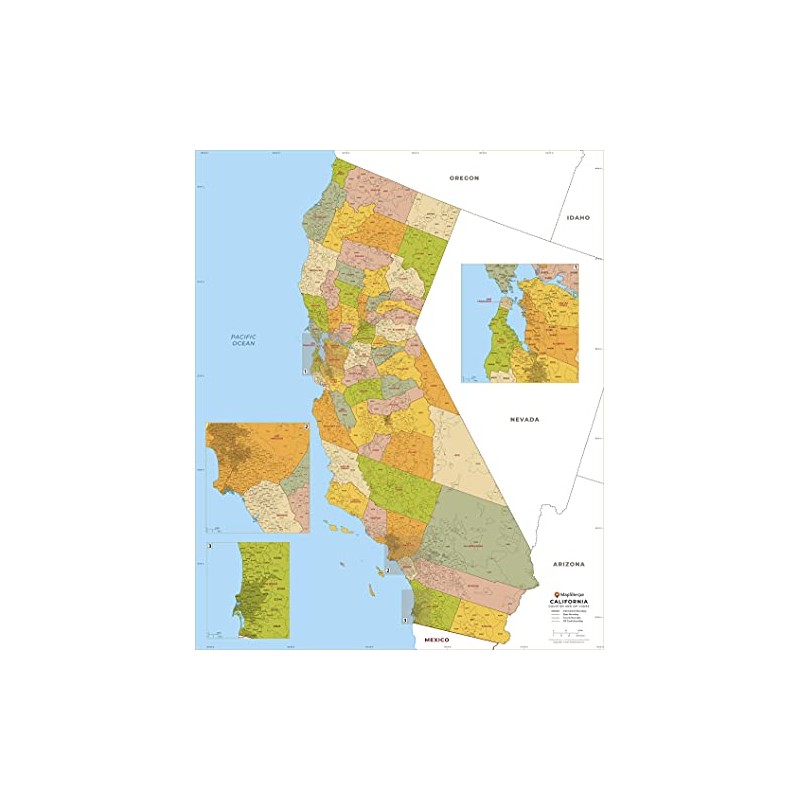 California ZIP Code Map with Counties - Standard - 36"