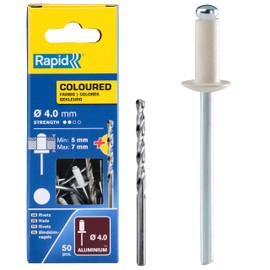 Rapid Blind Rivets Aluminium White Diameter 4 mm 5-7 mm Clamping Range 50 Pieces Set Including Drill for Blind Rivet Pliers