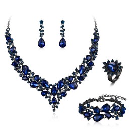 BriLove Bridal Jewellery Set for Wedding Women Austrian Crystal Teardrop Cluster Statement Necklace Dangle Earrings Link Bracelet Adjustable Ring 4Pcs Jewelry for Sapphire Color Gold-Tone
