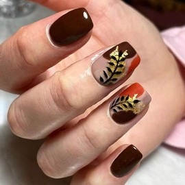 24pcs Brown Press on Nail Short Square Fake Nails Leave Gold Foil designs Stick Glue on Nails Full Cover Acrylic Nail Autumn False Nails Artificial Nail for Women Girls Fall Press ones Manicure Decor