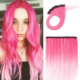 10Pcs 20" Rainbow Color Straight Hair Extensions Clip in Multi-Color Synthetic Coloured Clip on Hair Extension Party Highlights Hairpiece #Hot Pink&Pink