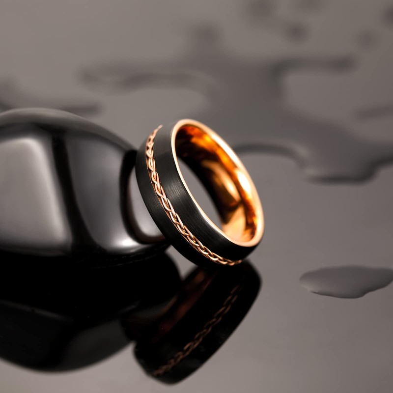 8mm Mens Tungsten Ring Grooved Rope Rings Black Wedding Band