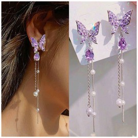 Inateannal Vintage Purple Crystal Butterfly Drop Earrings Silver Long Pearl Necklace Earrings Butterfly Pearl Tassel Earrings Purple CZ Butterfly Stud Earrings Jewellery for Women and Girls, Zinc