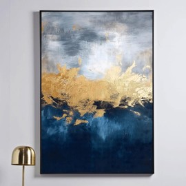 Blue and Gold Abstract Wall Art Modern Abstract Pictures Navy Blue Painting Gold Foil Artwork Modern Grey Picture for Living Room Bedroom 16x24inch No Frame