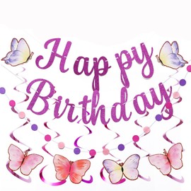20PCS Purple Butterfly Birthday Decorations Kit for Girls Women, Glitter Purple Happy Birthday Banner, Hanging Butterfly Swirls, Circle Dots Garland for Spring Summer Party Backdrop Decor