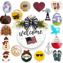 Door Hanger Sign Custom Wreath for Front Door Year Round Welcome Bow Decor + Interchangeable Season Changer Piece 14" Round, Hello Spring Easter Bunny Heart Summer Flower Tulip Butterfly Dragonfly Owl