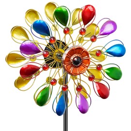 MeyRolizn 64 inch Garden Wind Spinner, Outdoor Wind Sculpture with 5 Prong Base Stand, Metal Windmill for Lawn Yard Outdoor Art Decorations (B-Colorful)