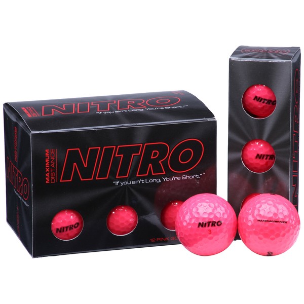 Long Distance Golf Balls (12PK) All Levels-Nitro Maximum Distance Titanium Core 85 Compression High Velocity Spin Control USGA Approved-Total of 12-Hot Pink