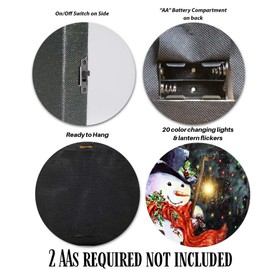 BANBERRY DESIGNS Light Up Snowman Canvas Print LED Lighted Christmas Wall Hanging Snowman with a Black Top Hat and a Red Scarf Holding a Lantern - Winter Holiday Scene Wall Art - 2 Piece Set