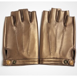 YISEVEN Men's Motorcycle Driving Fingerless Leather Gloves Lined Classic Soft Sheepskin Half Finger Button Punk Rock Cycling Fitness Touchscreen Warm Dress Winter Gift, Metallic Brown 9.0"/Medium