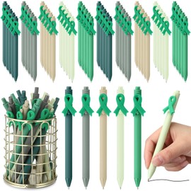 TecUnite 50 Pcs Mental Health Awareness Pens Green Ribbon Ballpoint Pens Bulk Motivational Therapist Alport Syndrome cerebral palsy Awareness Ribbons for Office Charity Favors Supplies Accessories