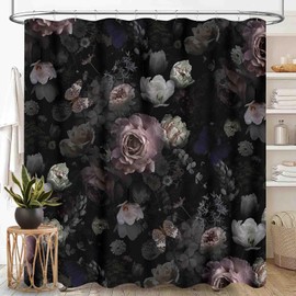 Black Floral Shower Curtains, Retro Vintage Boho Floral Peony Rose Flower Blossom Botanical Plants Aesthetic Art Decor Chic Waterproof Fabric Bathroom Shower Curtain Set with Hooks, 72"x72" Inch