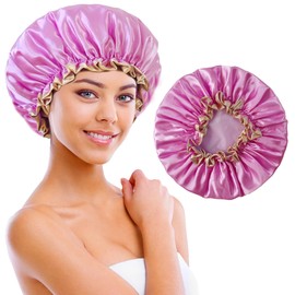 choshion Shower Cap Reusable Waterproof, Large Shower Cap for Women, Shower Caps for Braids Long Hair, Double Layer Satin Plastic Hair Cap for Shower