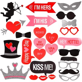 27Pcs DIY Valentine’s Day Photo Booth Props Kit, Creative Funny Glitter Disguise Props Party Decorations Tiara Angel Hearts Mustaches for Wedding Bridal Shower for Party Supplies