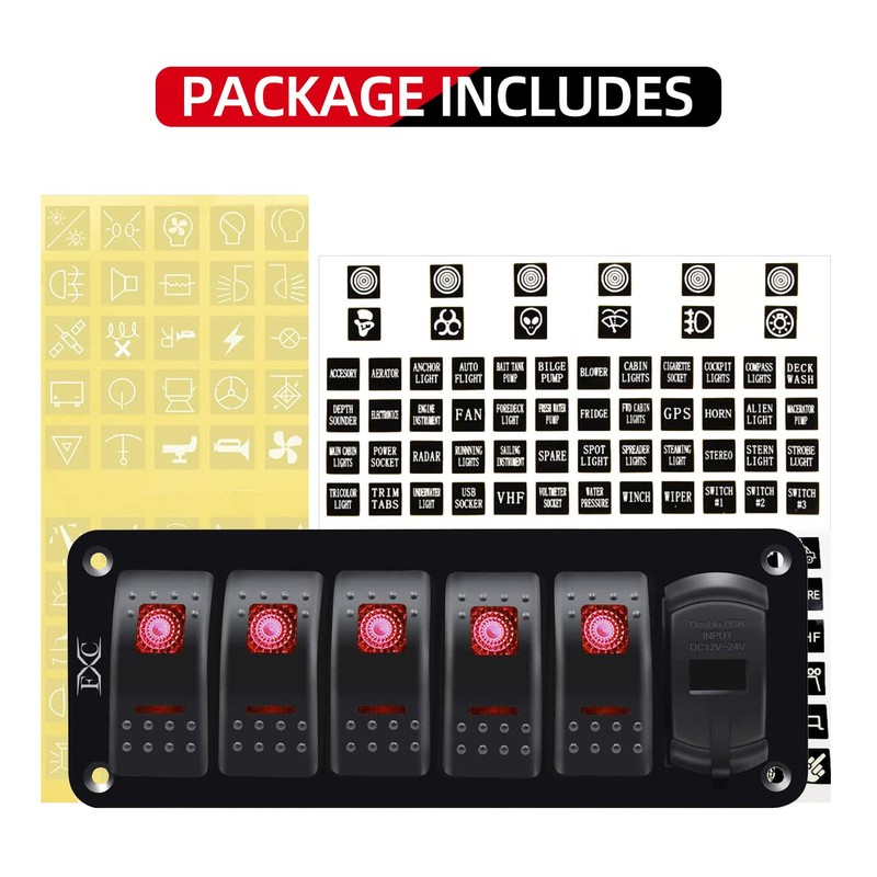 FXC 12V 24V DC 5 Gang Rocker Switch Aluminum Panel