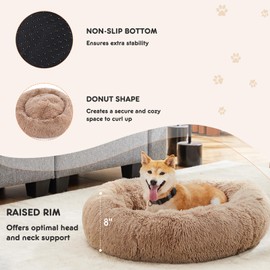 Sweetcrispy Calming Donut Dog & Cat Bed, Machine Washable Cuddle Warming Cozy Fluffy Faux Fur Plush Round Anti-Anxiety Waterproof Anti-Slip Pet Sleeping Sofa, Olive Brown, 24x24x8 inches