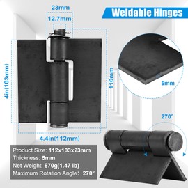 Weld On Hinges Extra Heavy Duty 4.4" x 4" Weldable Metal Butterfly Hinges Solid Steel Welding Butt Hinge Thickness 5mm for Heavy Metal Farm Garage Trailer Gates & Doors - 6 Pcs