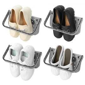 QWORK® 4 Piece Shoe Rack Wall Mounted Set, Foldable Shoes Organiser, Grey Shoe Holder, No Drilling Required
