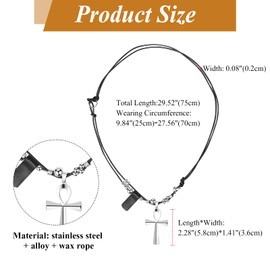 Flonge Ankh Cross Pendant Necklace: Ancient Egyptian Ankh Cross Pendant Necklace with Adjustable Stainless Steel Beaded Leather Rope Chain Gothic Hip Hop Gift for Men Women