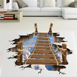 3D Simulation Wooden Bridge Wall Decals Hole Breaker Bridge of Adventure Wall Stickers Peel and Stick Living Room Bedroom Floor Wall Decor Art