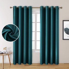 HOMEIDEAS 2 Panels Teal Faux Silk Blackout Luxury Curtains, 52 X 84 Inch Room Darkening Satin Thermal Insulated Window Drapes for Bedroom Decor, Indoor