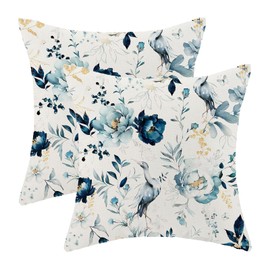 AEIOAE Spring Pillow Covers 20x20 Inch Set of 2,Navy Blue Aqua Teal Vintage Flower Bird Throw Pillows Case,Seasonal Floral Outdoor Decorative Linen Farmhouse Decor Cushion Covers for Sofa Bed Couch