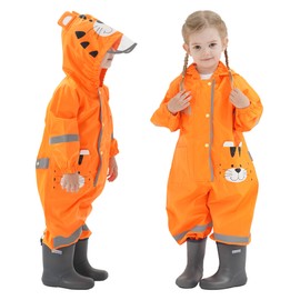 Vckrio Puddle Suit Boys Waterproof Mud Suit Orange Rain Jumpsuit Lightweight All in One Quick Dry Suit One Piece Rain Coat Overall with Tiger Print Breathable Reusable Rainwear for Kids 6-7 Years