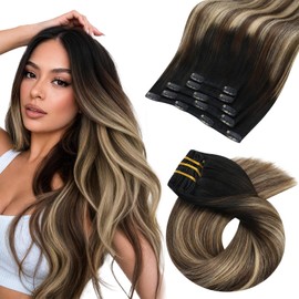 Clip in Hair Extensions Black Brown Ombre Low Bulk 16 inch 80g