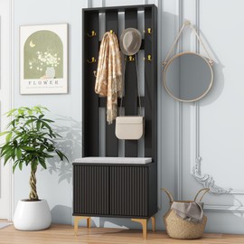 Polibi Modern Versatile 4-in-1 Hall Tree with Cushion,Luxury Coat Rack with 8 Gold Hooks and Legs,Entryway Bench with Adjustable Shelves & Fluted Doors for Hallway,Living Room,Black(23.6"*70.8")