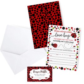 Ladybug Baby Shower Invitations, Red Lady Bug Baby Shower Invites with Diaper Raffles Cards, Sprinkle, 20 Invites Including Envelopes
