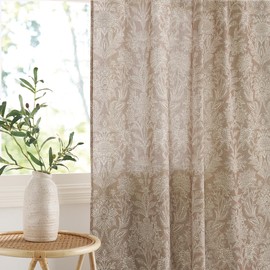 RYB HOME Brown Farmhouse Curtains for Dining Room 84 inches Long, Floral Vintage Boho Linen Semi Sheer Draperies for Living Room, 2 Panels, W 52 x L 84 inches,