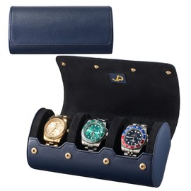 JP Capital Watch Roll - Luxury 3 Watch Travel Case with Plush Velvet/Suede Interior - Blue with Black Interior