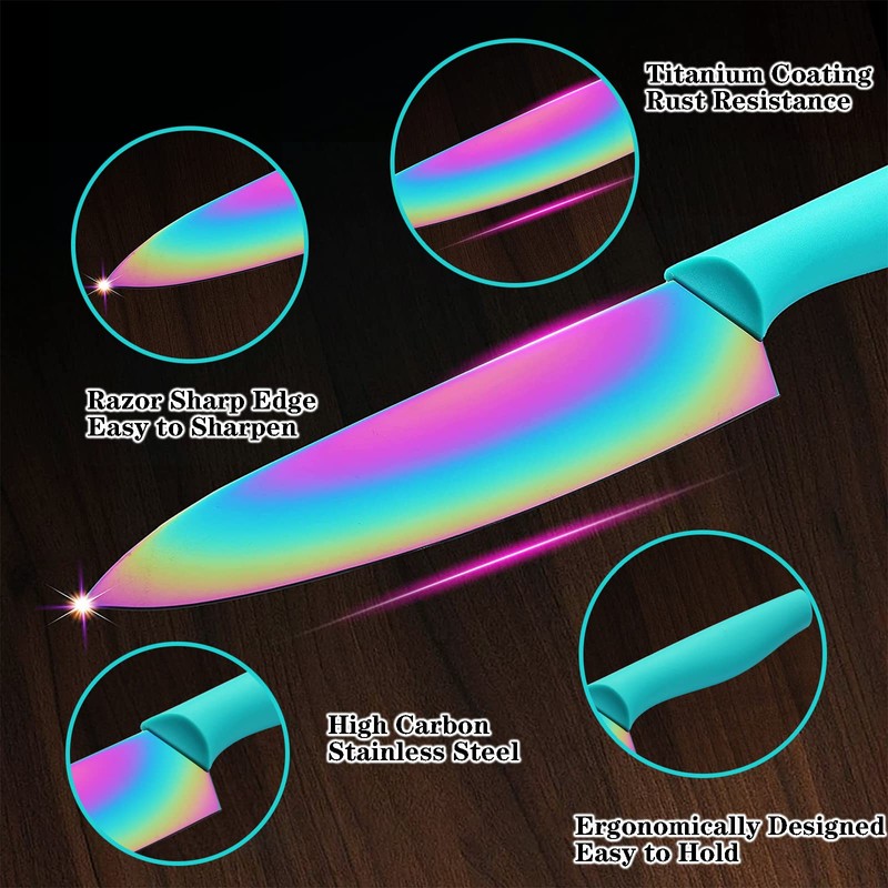 Marco Almond Kitchen Knife Set, KYA37 12-Piece Rainbow Titanium Stainless
