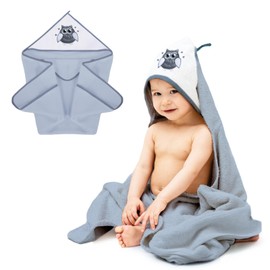 MEA BABY Towel with Hood, 100% Cotton, 100 x 100 cm, Hooded Towel for Girls and Boys, Soft and Super Absorbent Baby Towel with Hood, Grey with Owl Print
