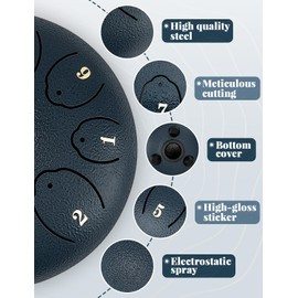 OUTUO Steel Tongue Drum: 6 Inch 8 Notes Rain Drum for Outdoor Use, Hang Drum Instrument, Handpan Drum for Kids, Sound Healing Meditation (Navy blue)