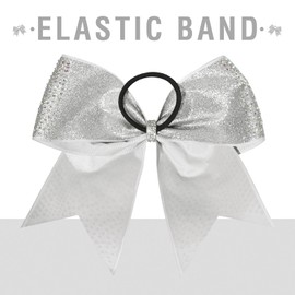 DEEKA 1 PCS 8" Large Glitter Cheer Bows with Iridescent Rhinestones Colorful Stiff Hair Elastic Band Ponytail Holder for Cheerleader Girls Sports (Silver)